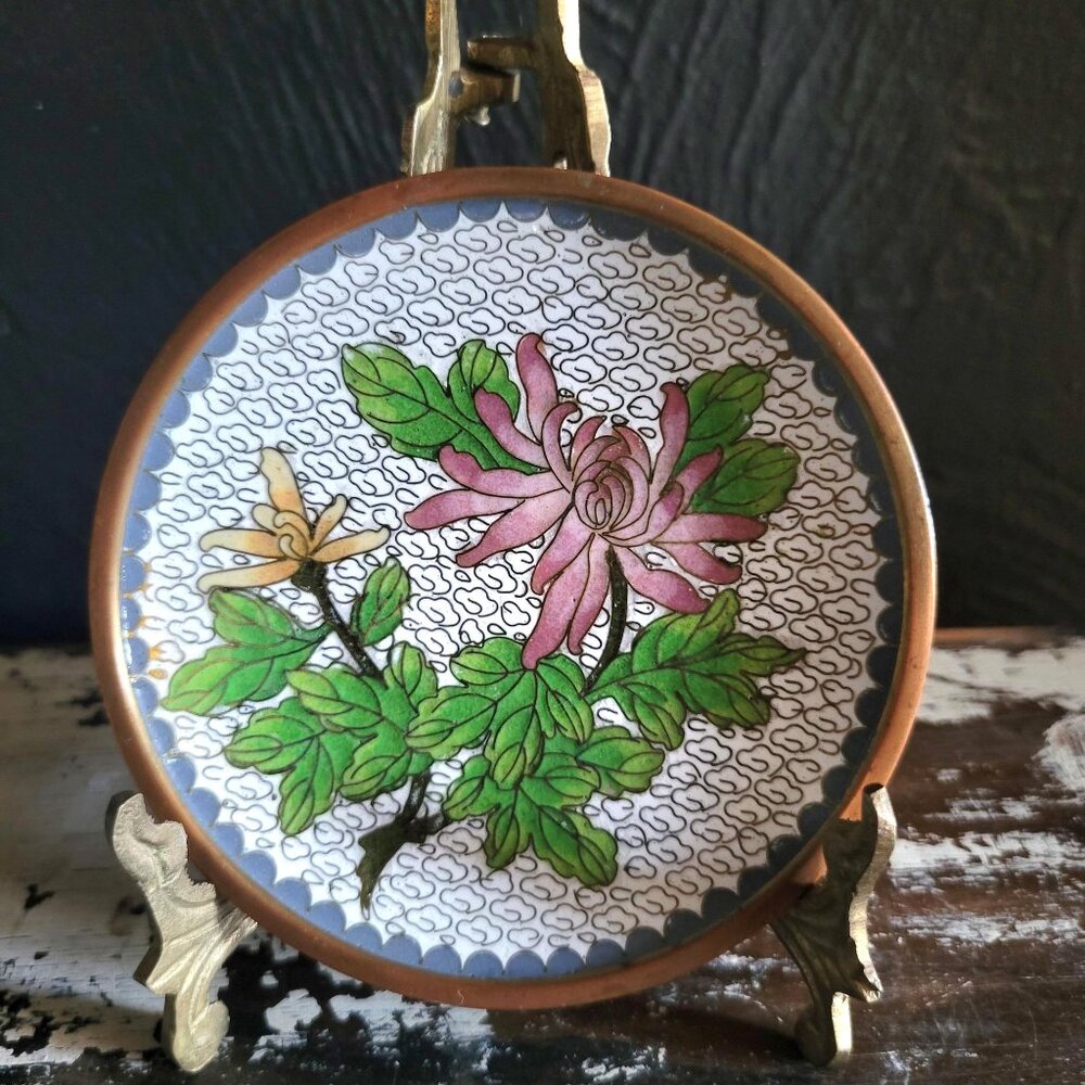 Vintage Cloisonne Trinket Dish Pink and Yellow Chrysanthemums Chinoiserie *Read